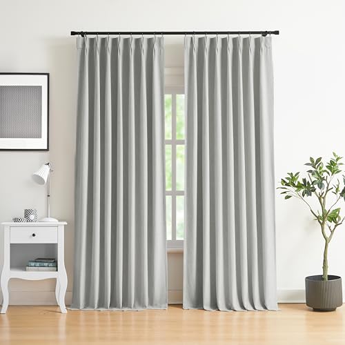 "WEST LAKE Light Grey Pinch Pleated Full Blackout Curtain Panels 112 Inches Length,Extra Long French Pleat Drapes for Bedroom,Modern Window Treatment,Back Tabs Hooks,40"" Wx112 L(Pack of 2)"