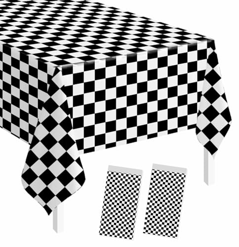 SietDESEO 2 Pack Checkered Tablecloth Plastic Rectangle 54 x 108 Black and White Checkered Flag Table Cloth Disposable Plaid Table Cover for Race Car Birthday Baby Shower Picnic Party Supplies