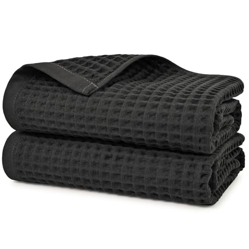Jacquotha Waffle Bath Towels 2-Piece (Dark Grey) - Cotton, Soft, Quick Dry - 31??? x 62??? Large Bath Towel for Bathroom, Shower, Spa