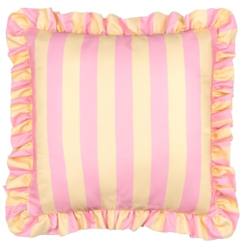 furn. Palm Royale Stripe Cushion Cover – Water Resistant Bold Striped Ruffle Trim Outdoor Decorative Case (Pink/Yellow – 50x50cm)