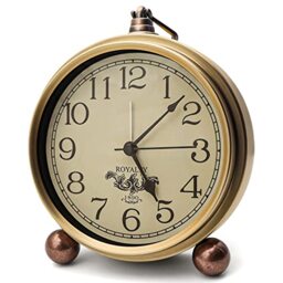 Maxspace Metal Golden Table Clock, Retro Vintage Non-Ticking Small Alarm Clock,Battery Operated Silent Quartz Movement HD Glass Desk Clock for Bedroom Living Room Indoor Decoration Kids (Arabic)