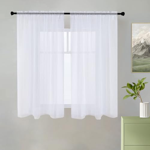 youleyar Solid Sheer Rod Pocket Curtain Voile Draperies 2 Panels White Beige Black Grey Coffee 38 Inch Width 45 Inch Long 1 Pair for Kitchen Bedroom Children Living Room Yard(White,38W???45L)