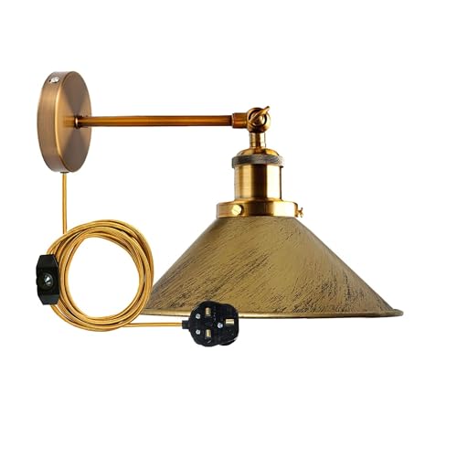 LEDSone Vintage Metal Cone Shade Wall Lights Adjustable Arm, LED E27 Lamp Base 2m Plugin Wall Sconce Lamp Fixture with Dimmer Switch for Bedroom Kitchen Dining Room