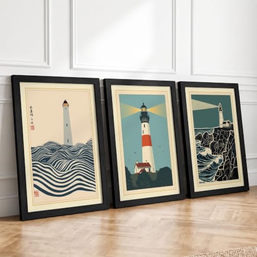 Lighthouse Keepers Japandi Set of 3 Framed Wall Art Prints A4 (29.7×21cm)