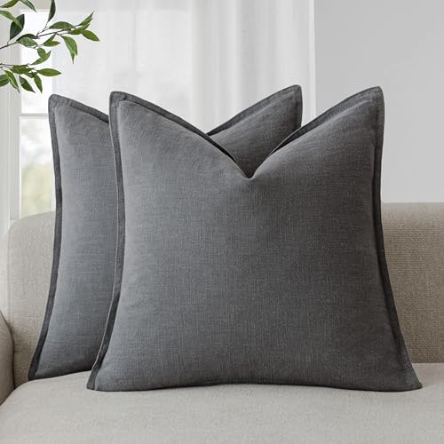 Foindtower Pack of 2, Decorative Linen Soild Throw Pillow Covers Soft Accent Square Cushion Case Boho Farmhouse Pillowcase for Chair Couch Sofa Bedroom Living Room Home Decor 24 x 24 Inch Grey