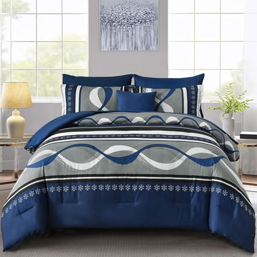 "Anibedding Comforter Set Full Size,8 Pieces Navy Blue Boho Bed in a Bag Patchwork Striped Comforter Set,Soft Microfiber Bedding Set for All Season(78""??90"")"