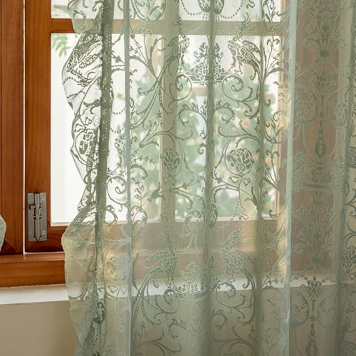 TUDECO Green Sheer Curtains 2 Panels - Spring Boho Floral Sage Green Curtains 84 Inches Long for Living Room, Vintage Flowy Ruffle Privacy Lace Sheer Window Treatment, 59 x 84 Inch, Light Green