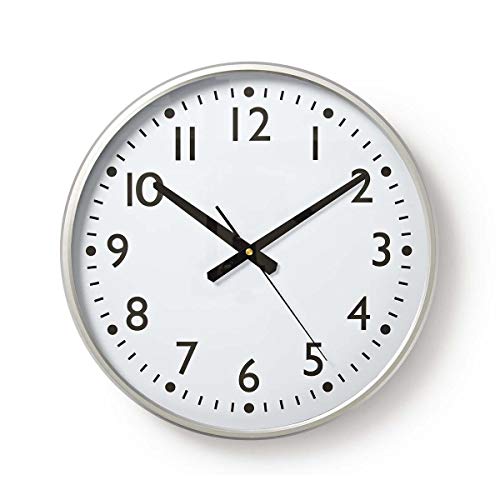 NEDIS Large Wall Clock, Circular Design, Easy-to-Read Big Numbers, Quartz Movement for Accuracy, Black on White Face, 38 cm, Battery Powered, Easy to Hang - White Face/Silver Edge