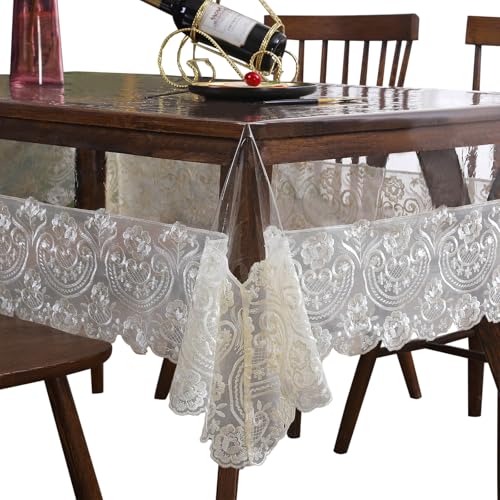 Fhberni Waterproof PVC Tablecloth - Heavy Duty Clear Vinyl Table Cover Protector for Dining Tables - Thick Reusable Plastic Rectangle Beige Table Cover - 60x86 Inches