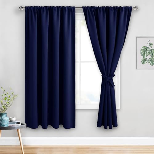 JIUZHEN Blackout Curtains for Bedroom - Thermal Insulated Room Darkening Noise Reducing, 52 x 63 Inch Length Curtains for Living Room, Set of 2 Panels with Tiebacks, Navy Blue