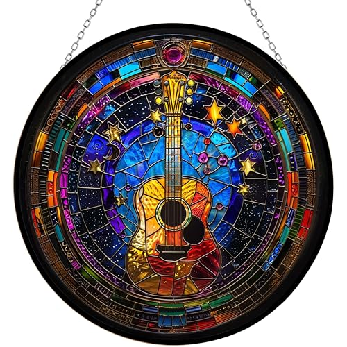 365CUSGIFTS Guitar Stained Glass Suncatcher Window Hanging, Gothic Christmas Ornaments for Fiction Lovers, Dinosaur Room Decor for Nursery New Home Gifts