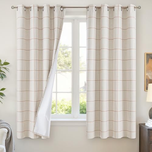Lajode Plaid Curtains 63 Inch Long - Insulated Linen Blackout Curtains for Living Room, Boho Gingham Patterned Farmhouse Window Treatments for Bedroom Striped Drapes 52x63 Inch 2 Panels, Terracotta