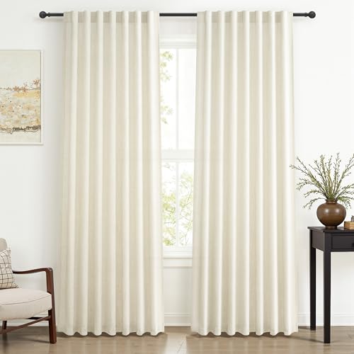 "Cream Linen Sheer Curtains 84 inch Long Living Room 2 Panel Set,Modern Light Filtering Farmhouse Privacy Pleated Back Tab Neutral Window Drapes for Bedroom Off White Beige (W52""xL84"",Tiebacks&Hooks)"