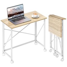 HOMCOM Small Folding Desk, 80 cm on Wheels for Small Space, Natural Tone