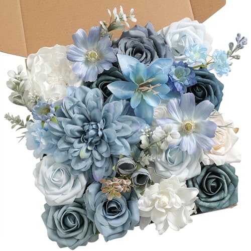rongflower Blue Artificial Flowers Combo Set Fake Flower Leaf Box with Stemst for DIY Wedding Bridal Bouquet, Centerpieces, Home Decor, Floral Arrangement Decor(Blue)
