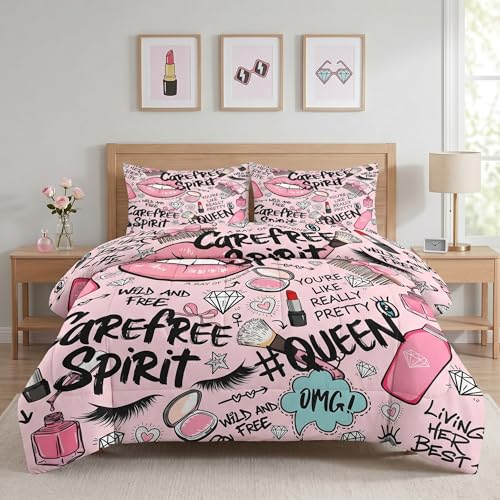Pamnest Comforter Set Full Size, Makeup Pink Queen Soft 3 Pcs Bedding for Kids and Adults, Women Diamond Cute Comforter Set with Pillowcase, for Bedroom Bed Decor
