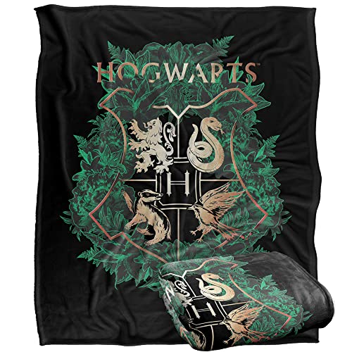 HARRY POTTER Hogwarts Green and Gold Floral Crest Officially Licensed Silky Touch Super Soft Throw Blanket 152 x 127 cm
