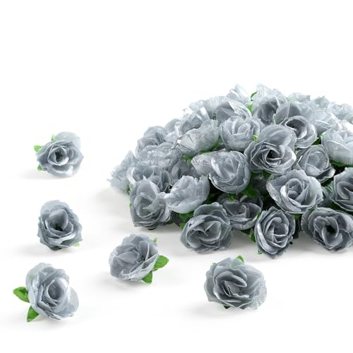 SITUMEIZI 100Pcs 1.3 Inches Mini Silver Artificial Rose Heads for DIY - Faux Rose Heads for Wedding, Birthday, Cake, DIY Flower Wall, Mother's Day Home Party Decorations