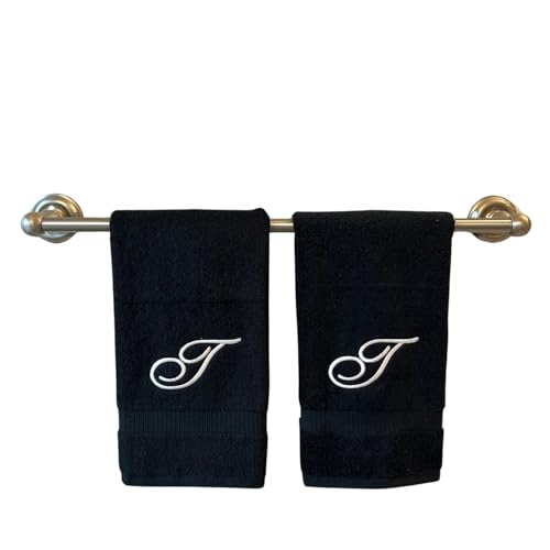 Decorvo Black Monogrammed Hand Towels for Bathroom - Luxury Hotel Quality Personalized Initial Embroidered Towel for Powder Room, Spa - GOTS Organic Certified - Set of 2 White Letter T