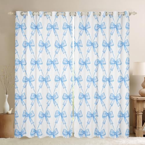 Feelyou Blue Bow Curtains for Bedroom Living Room (2 Panels, 38 x 54 Inch) Cute Bowknot 30%-50% Room Darkening Blackout Curtain Boys Girls Kawaii Blackout Curtains Bow and Stripes Window Treatments