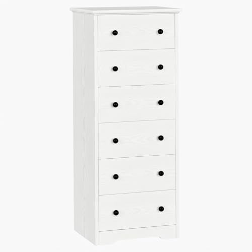 IRONCK Tallboy Chest of Drawers 131 cm Tall Slim Storage Cabinet with 6 Drawers, Colourful Changeable Handles, Wooden Narrow Dresser Bedroom Furniture for Living Room Hallway Entryway, White