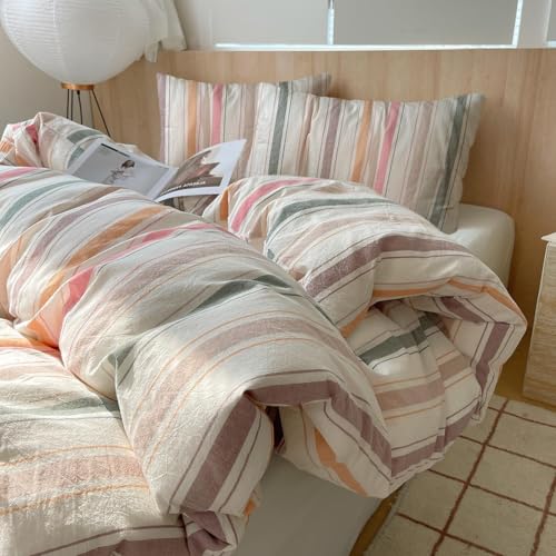 VM VOUGEMARKET Pinstriped Duvet Cover Set Queen 3 Pieces Linen Cotton Bedding Set with Zipper Closure,Luxury Farmhouse Style Stripes Duvet Cover Queen Size(No Comforter)