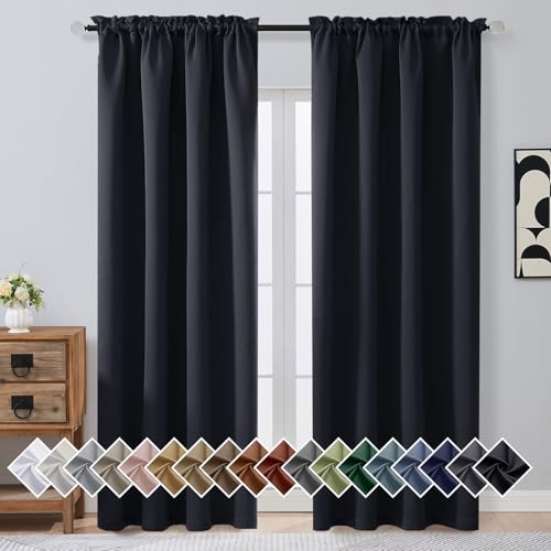 OVZME Black Blackout Curtains for Bedroom 90 Inch Length 2 Panels, Room Darkening Soft Fabric Curtain Panels for Living Room, Modern Window Treatments Dual Rod Pocket Design, Black, 2x50Wx90L Inches