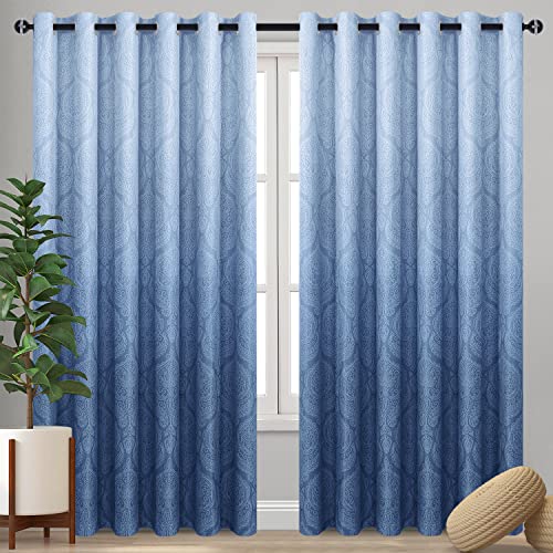 DWCN Navy Blackout Damask Curtains for Bedroom - Ombre Patterned Thermal Insulated Energy Saving Grommet Curtains for Living Room, Set of 2 Gradient Window Curtain Panels, 100 x 96 Inch Navy Blue