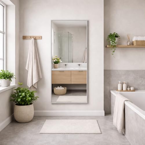 Bathroom Full Length Silver Mirror 150 x 60cm – Large Wall Mounted Aluminium Mirror – Modern Rectangular Portrait or Landscape Mirror