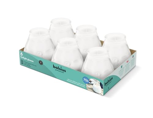 Bolsius – Outdoor Candles - 6 Pieces - in Glass - White - Burning Time 70 Hours - No Palm Oil - Clean Burning - Cotton Wick - Non Scented