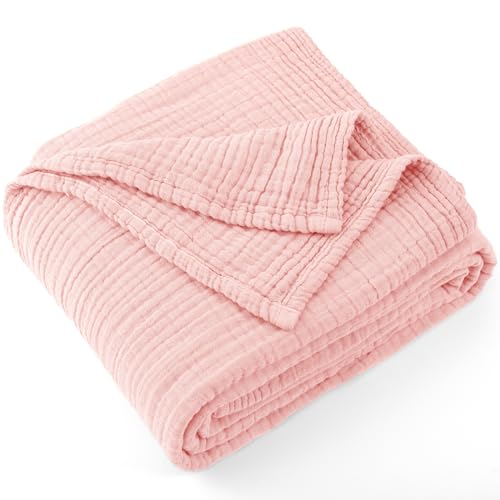 Carriediosa 100% Cotton Muslin Throw Blanket 90 x 90 Summer Gauze for Adult - 4-Layers Queen Size Throws for Bed Sofa Couch, Soft Lightweight Breathable Linen Blankets Bedspread All Season, Dusty Pink