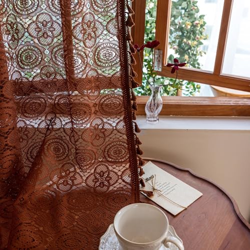 YJ YANJUN Brown Sheer Curtains 84 Inches Long 2 Panels Boho Crochet Lace Curtains with Tassel for Living Room Closet Door Rustic Privacy Bohemian Farmhouse Drapes W59 x L84 Caramel Brown/Mocha