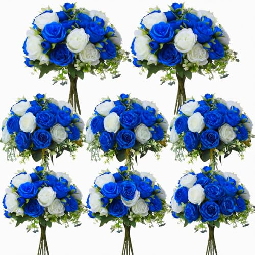 Geosar 8 Bundles Artificial Peonies Flowers Fake Silk Peony Bouquet Faux Peonies Flowers Bulk for Decoration Vase Floral Arrangements Wedding Party Table (Royal Blue,White)