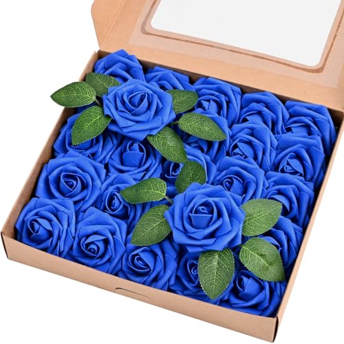 Siyaluens 25 Pcs Foam Fake Roses with Stems, Artificial Flowers for Wedding - Blue Real Touch Boxed Foam Roses for Bridal Shower Table Centerpieces, Party Arrangements, Cake Decorations, DIY Bouquets