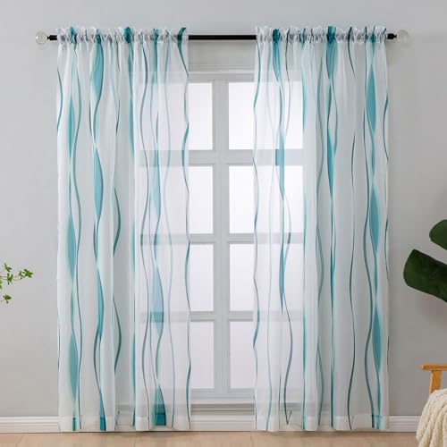 L.Z.E White and Teal Sheer Curtains 108 Inch Long 2 Panels Set for Living Room, Extra Long Voile Sheer Curtains & Drapes for Bedroom Rod Pocket Design Wave Pattern Window Sheers (55W x 108L)