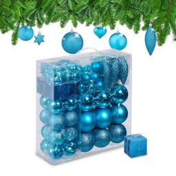 Relaxdays Christmas Baubles, Set of 110, Glittery, Matt & Shiny Ornaments, Plastic Decorations, HxD: 9 x 8 cm, Petrol