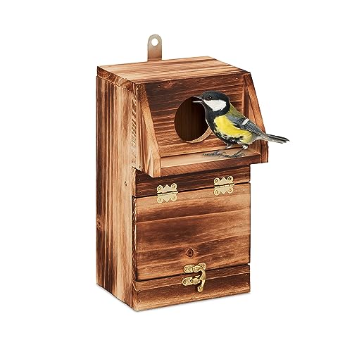 Relaxdays Nesting Box, for Sparrows & Redstarts, Cleaning Flap, 24.5 x 14 x 14 cm, Birdhouse to Hang Up, Wood, Natural