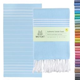 WETCAT Turkish Beach Towel Oversized 38x71 100% Cotton Sand Free Quick Dry Extra Large Light Travel Towel for Adults Beach Accessories Gifts - Light Blue
