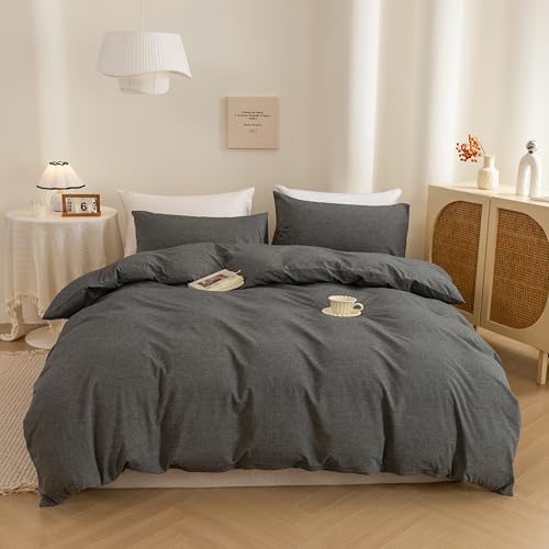 "ECOCOTT Grey Duvet Cover Oversized King Size - 100% Washed Cotton Durable Soft Comfy Duvet Cover Set, 3 Pieces Duvet Cover with Zipper Closure (Dark Grey, 120""x 98"")"