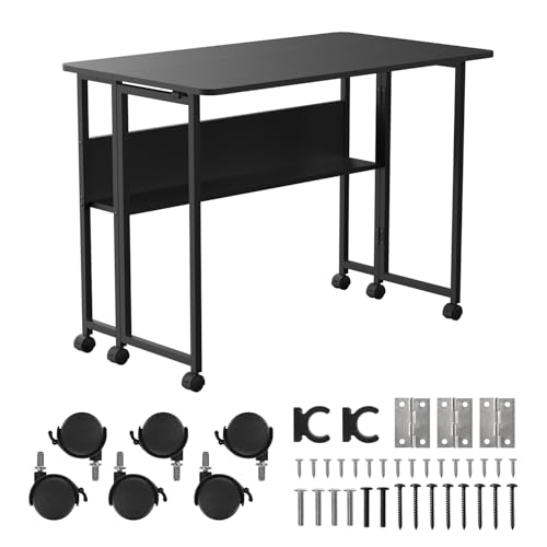 Maclean MC-126 B folding desk with shelf and castors, top 100x58 cm, capacity 50 kg, quick folding, compact mobile table, black, for teleworking, studying, home office, save space