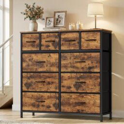 SONGMICS Chest of Drawers, 10 Fabric Drawers Storage Unit, Wooden Top, Steel Frame, 98.7 x 30 x 96.2 cm, for Bedroom, Closet, Hallway, Living Room, Rustic Brown LGS236K101