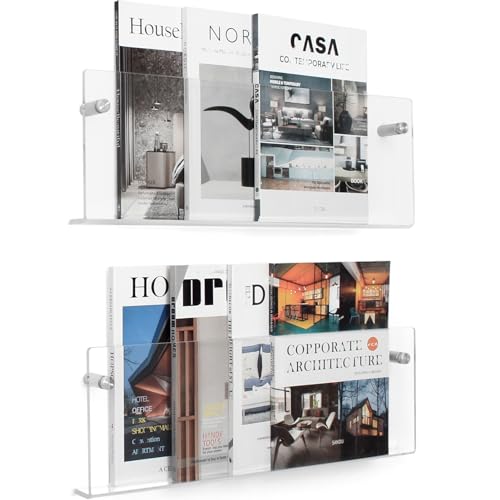 XOHYW 2 Pack Clear Acrylic Magazine Holder, Wall Mount Hanging Bookshelf Literature Storage Rack, Brochure File Display Shelf for Waiting Room, Living Room, Office, Home (Clear & 17 Inch)