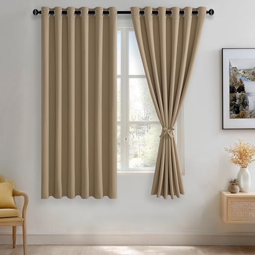 JIUZHEN Blackout Curtains with Tiebacks - Thermal Insulated, Light Blocking and Noise Reducing Grommet Curtains for Bedroom and Living Room, Set of 2 Window Curtain Panels, 70 x 63 Inch Length???Camel