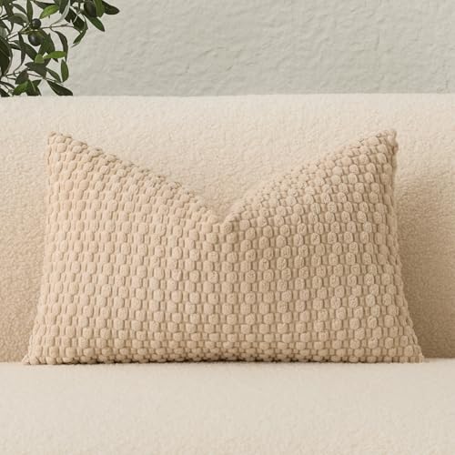 UGASA 14x24 Inch Pillow Cover Pack of 1 Soft Boho Stripe Corduroy Long Rectangle Lumbar Cushion Cover Farmhouse Decorative Throw Pilowcase for Bed, Couch, Sofa, Bedroom, Living Room, Beige