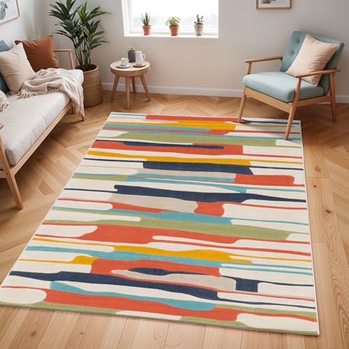 Livabliss Atlanta Geometric Rug - Scandi Runner Rugs Living Room 60x90 cm, Hallway, Kitchen - Neutral, Patterned Carpet Runners, Boho Style, Easy Care - Large Rug, Brown, Orange, Blue, Beige