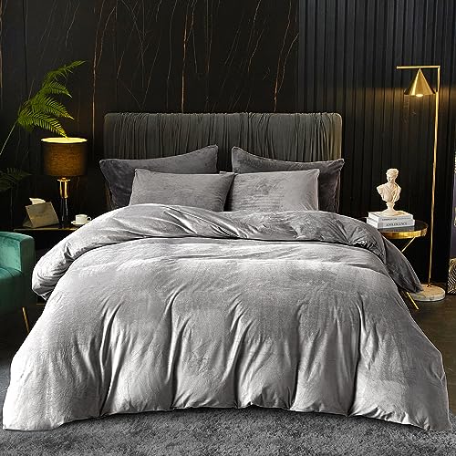 Ivellow Velvet Flannel Duvet Cover King Size - Smoky Gray Comforter Cover Set, Ultra Soft Breathable Cozy Velour, Solid Luxury Bedding With Zipper Closure and Corner Ties