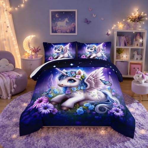 HOSIMA Unicorn Queen Comforter Set for Kids,Kawaii Unicorn Surrounded by Flowers Butterflies Print Animal Bedding,Lavender Pattern Princess Bedding for Teenage Girl Room Decor with 2 Pillowcases.