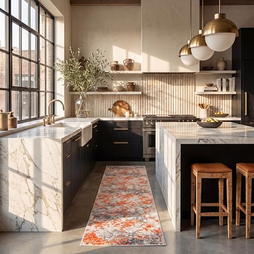 SAFAVIEH Boho Rug for Living Room, Dining Room, Bedroom - Madison Collection, Short Pile, in Grey and Orange, 66 X 244 cm
