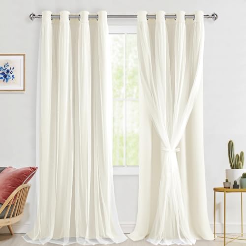 Hiasan Double Layer Blackout Curtains with Sheer Overlay, Extra Long Mix & Match Thermal Insulated Grommet Window Curtains for Bedroom, Living Room, 2 Panels with Tiebacks, Ivory, 52W X 108L