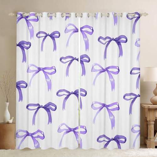 Feelyou Bow 30%-50% Room Darkening Blackout Curtain Boys Girls (2 Panels, 42 x 63 Inch) Purple Girls Bow Curtains for Bedroom Living Room Cute Bowknot Blackout Curtains Kawaii Bow Window Treatments